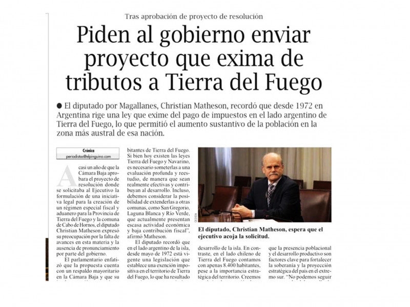 Impulsan proyecto para eximir de impuestos a TDF chilena